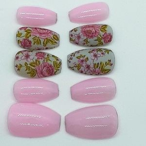 Pink and Gray Floral Short Press on Nails